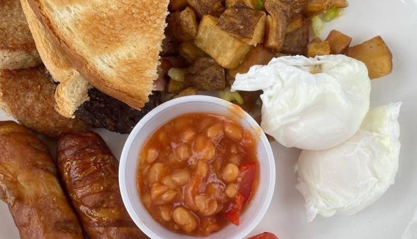 Irish breakfast with sausage, baked beans, eggs, toast and potatoes at McNamara's Pub & Restaurant, Irish pub near Arlington VA