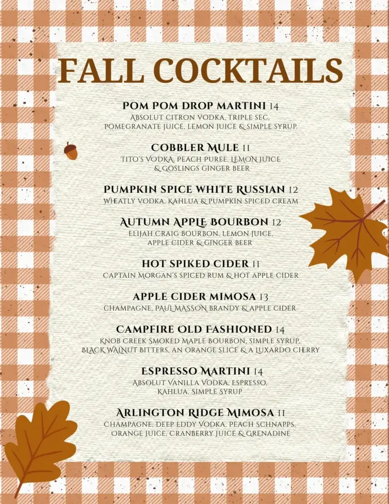 McNamara's Pub Fall cocktail menu, Crystal City Arlington VA