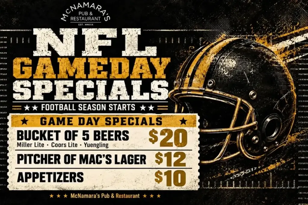 NFL Gameday specials flyer at McNamara's Pub and Restaurant